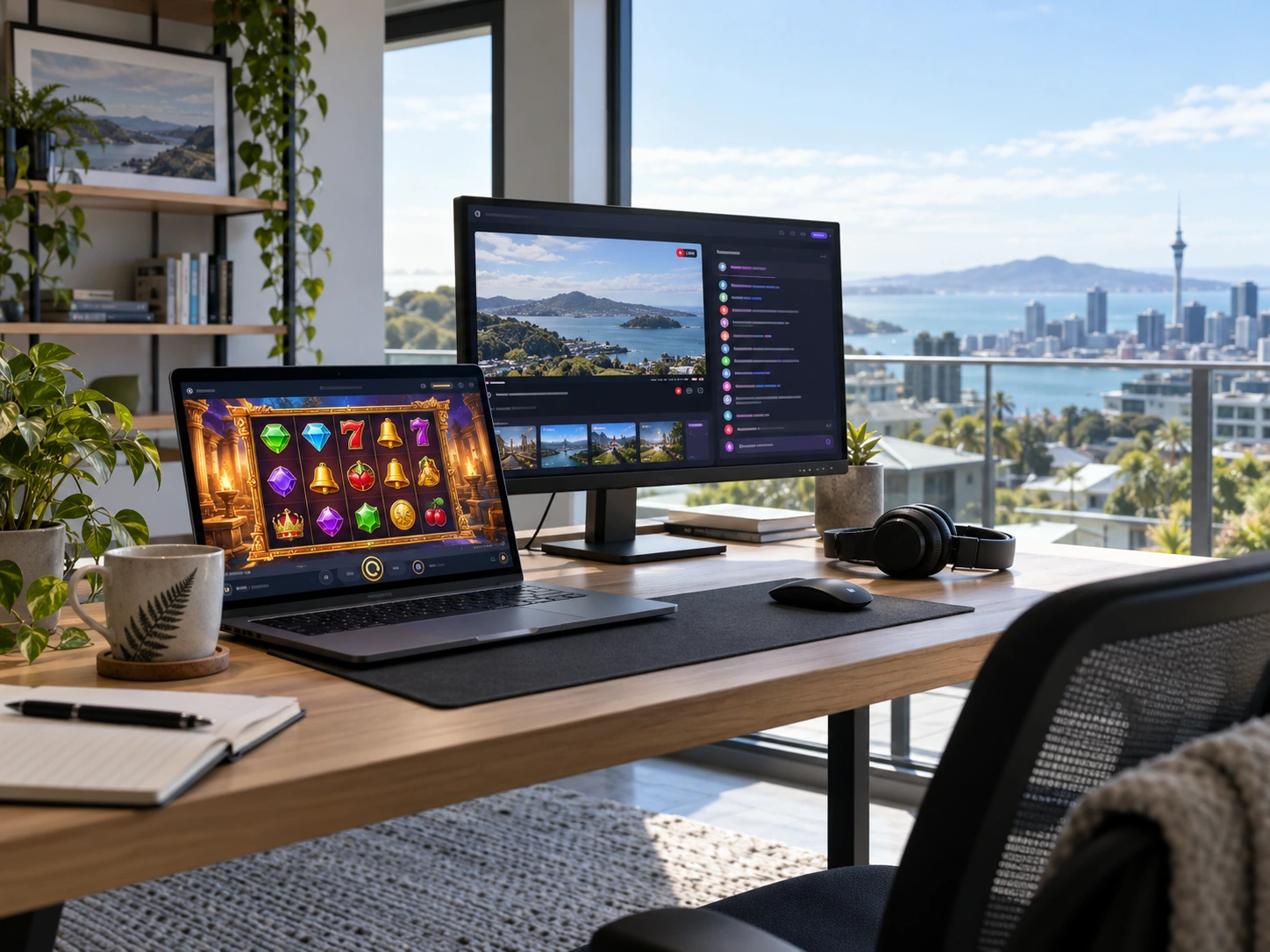 Modern streaming setup with multi-monitor gaming desk and live chat overlay